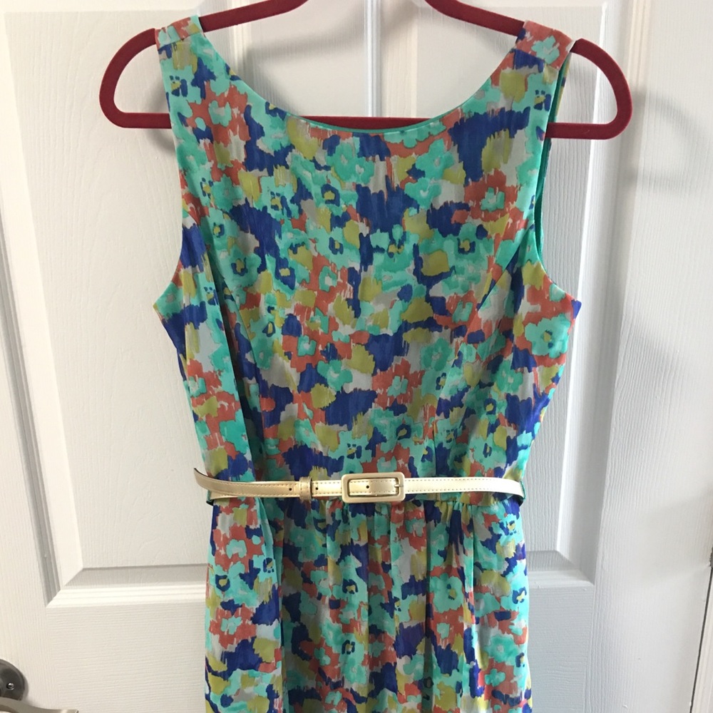 Teal Floral Lined Dress with Gold Belt